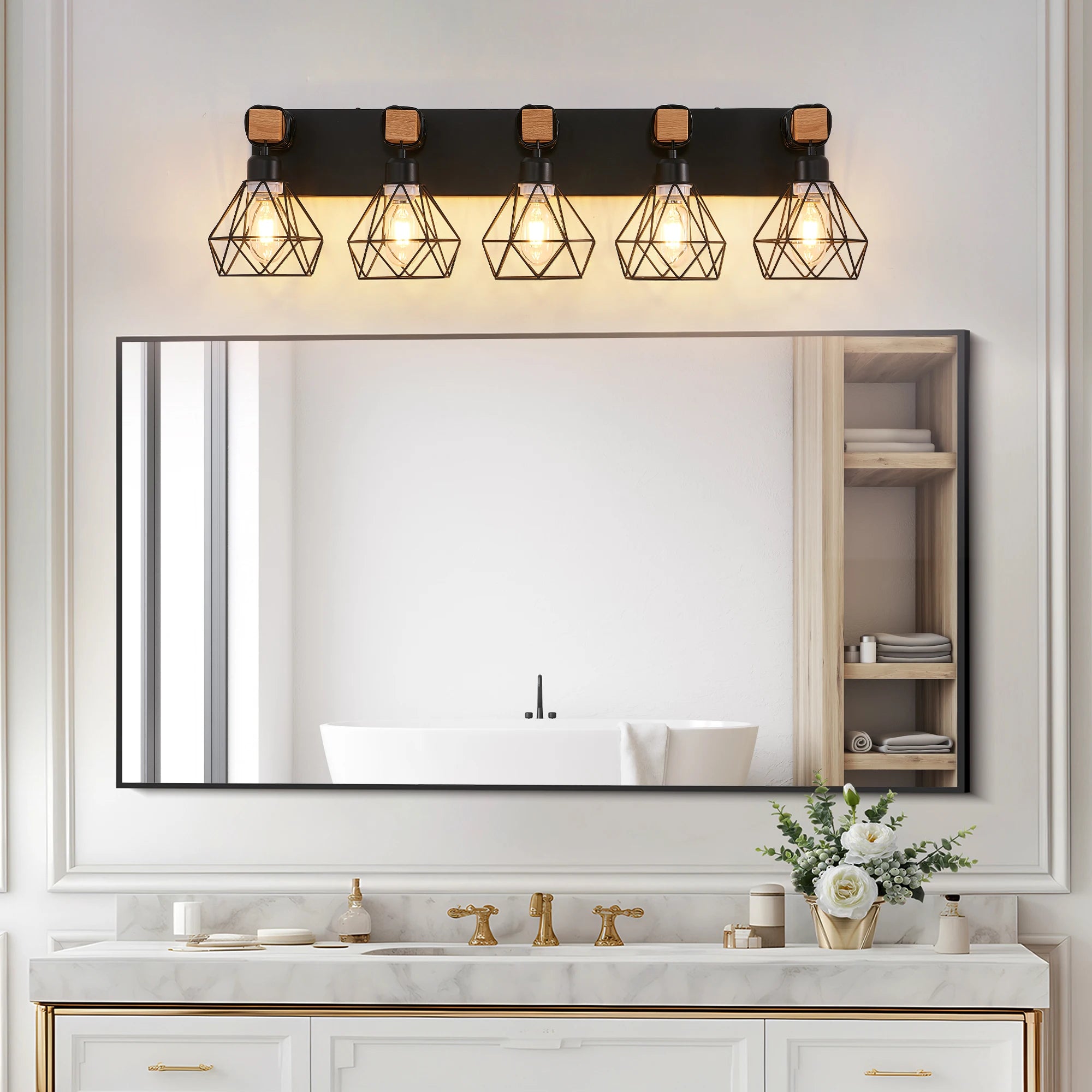 5-Light Vanity Light Fixture with Black Metal,Wooden Accents and Cage Lampshade(Bulb Not Included)
