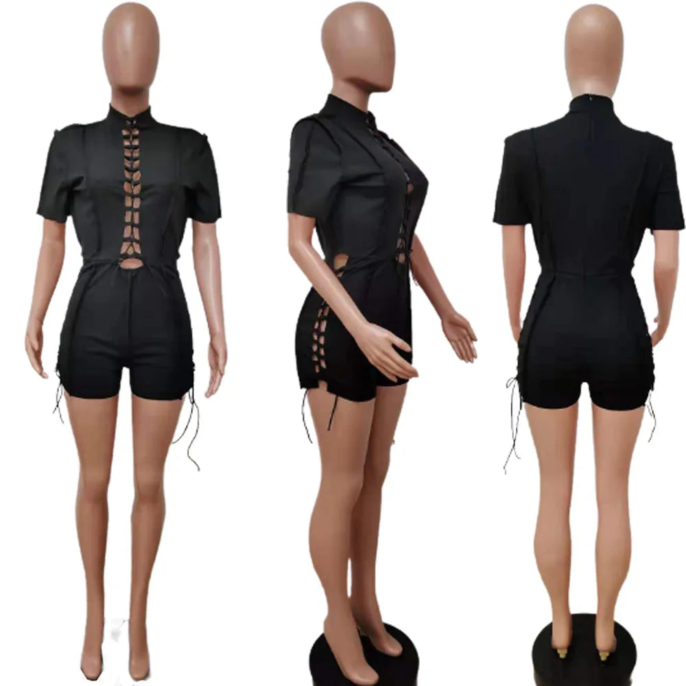 Bodycon Solid O Neck Hollow Out Bandage Short Sleeve Rompers Jumpsuit
