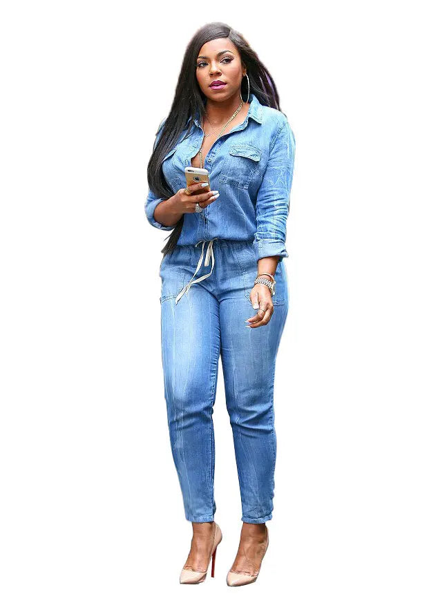 Casual Women's Long Style Denim Jumpsuit with High Waist and Knitted Weaving Pants and Long Sleeves