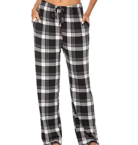 Women Solid Color Buffalo Plaid Pajama Pants Sleepwear With Pockets