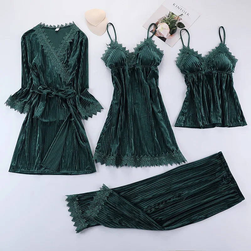 3pcs Gold Velvet  Pajamas Set for Women Warm Sexy Lace Pajamas Winter Sleepwear Nightdress