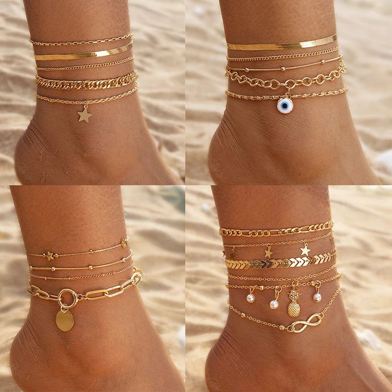 Women Fashion Jewelry Blue Eyes Pendant Snake Chain Pearl Star Gold Plated Multilayer Anklet Set