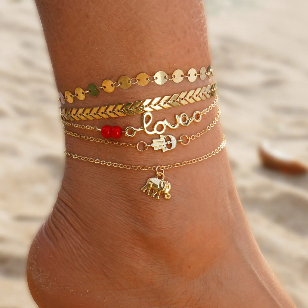 Women Fashion Jewelry Blue Eyes Pendant Snake Chain Pearl Star Gold Plated Multilayer Anklet Set