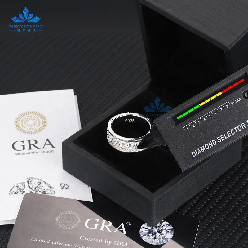 Solid Silver Pass Diamond Men Moissanite Rings 925 Sterling Silver Cuban Chain Full Eternity Band