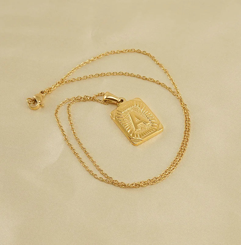 18k Gold Men'S Necklace Square Stainless Steel Letter Pendant English Letter Necklace Pendant For Men