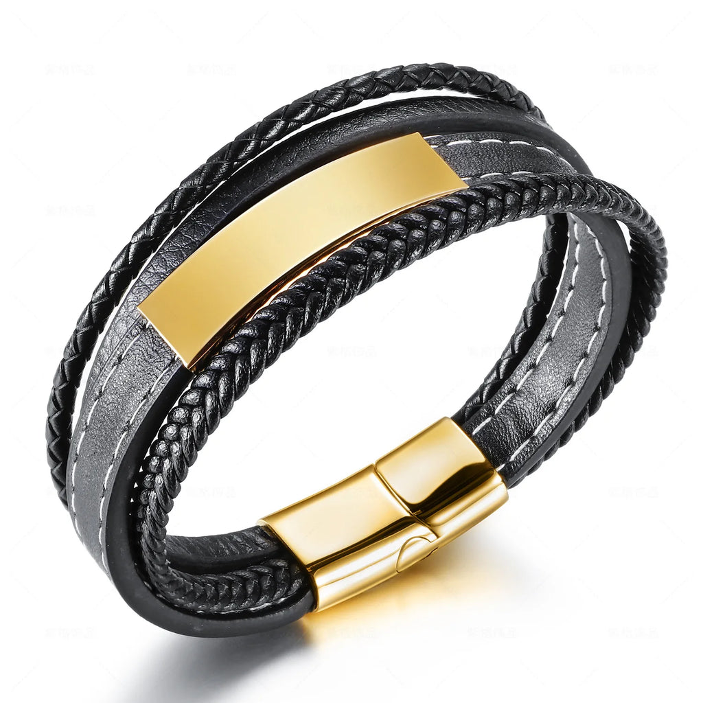 Stainless Steel Natural Tiger Eye Bracelet Beaded Men'S Hand-Woven Leather Bracelet