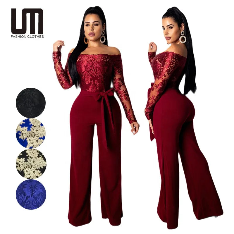 Elegant Overalls Off Shoulder Slash Neck Embroidery Lace Casual Jumpsuit