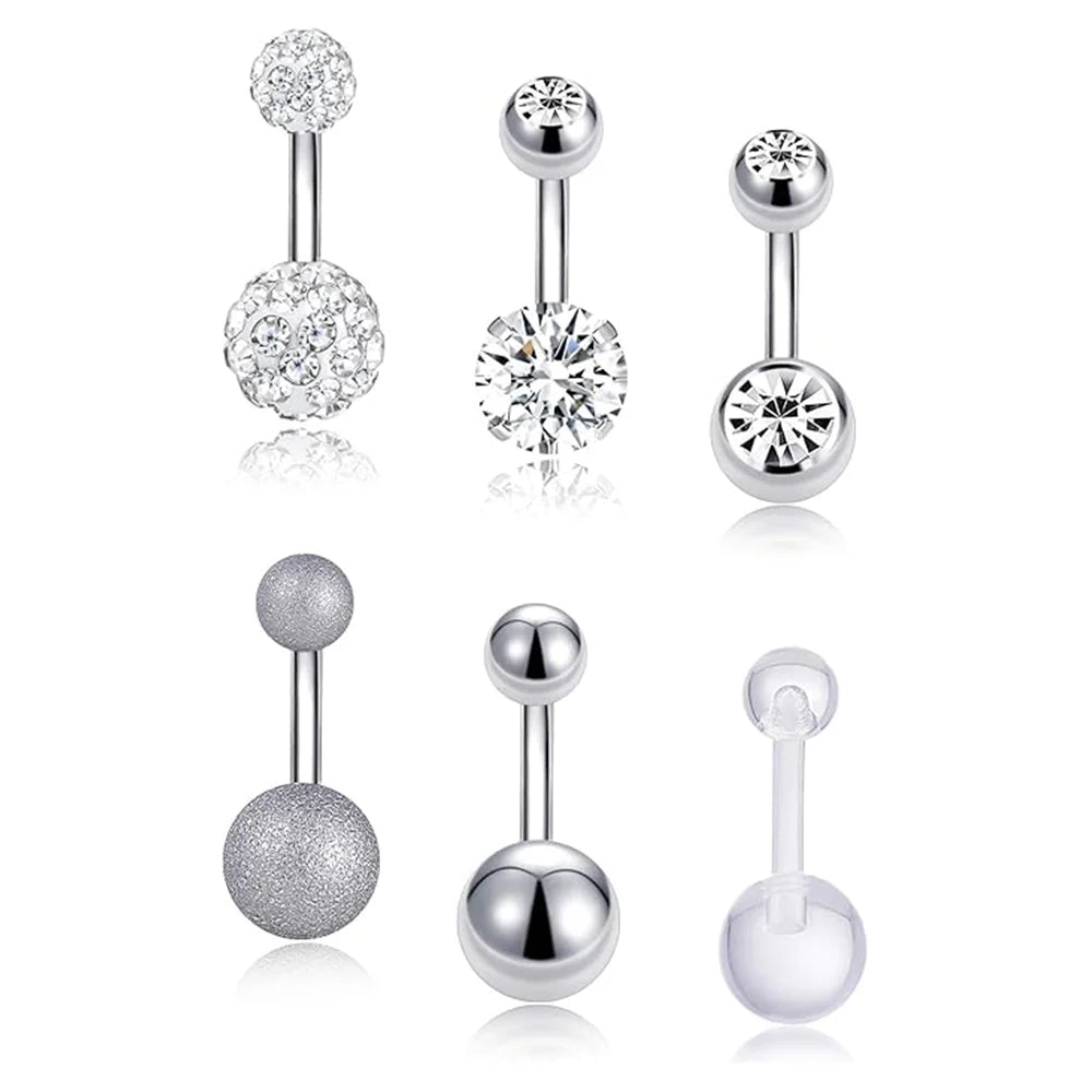 6PCS 14G Belly Button Rings Navel Rings for Women Girls Silver Rose Gold Tone