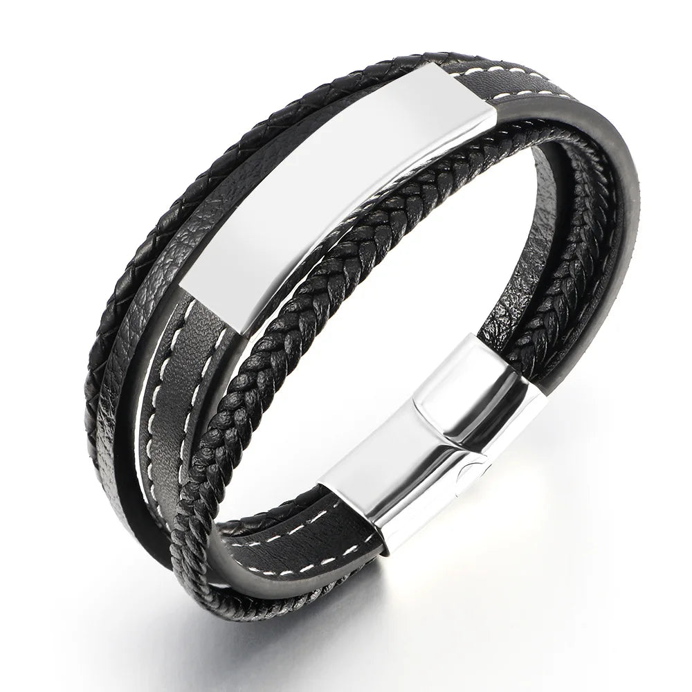 Stainless Steel Natural Tiger Eye Bracelet Beaded Men'S Hand-Woven Leather Bracelet