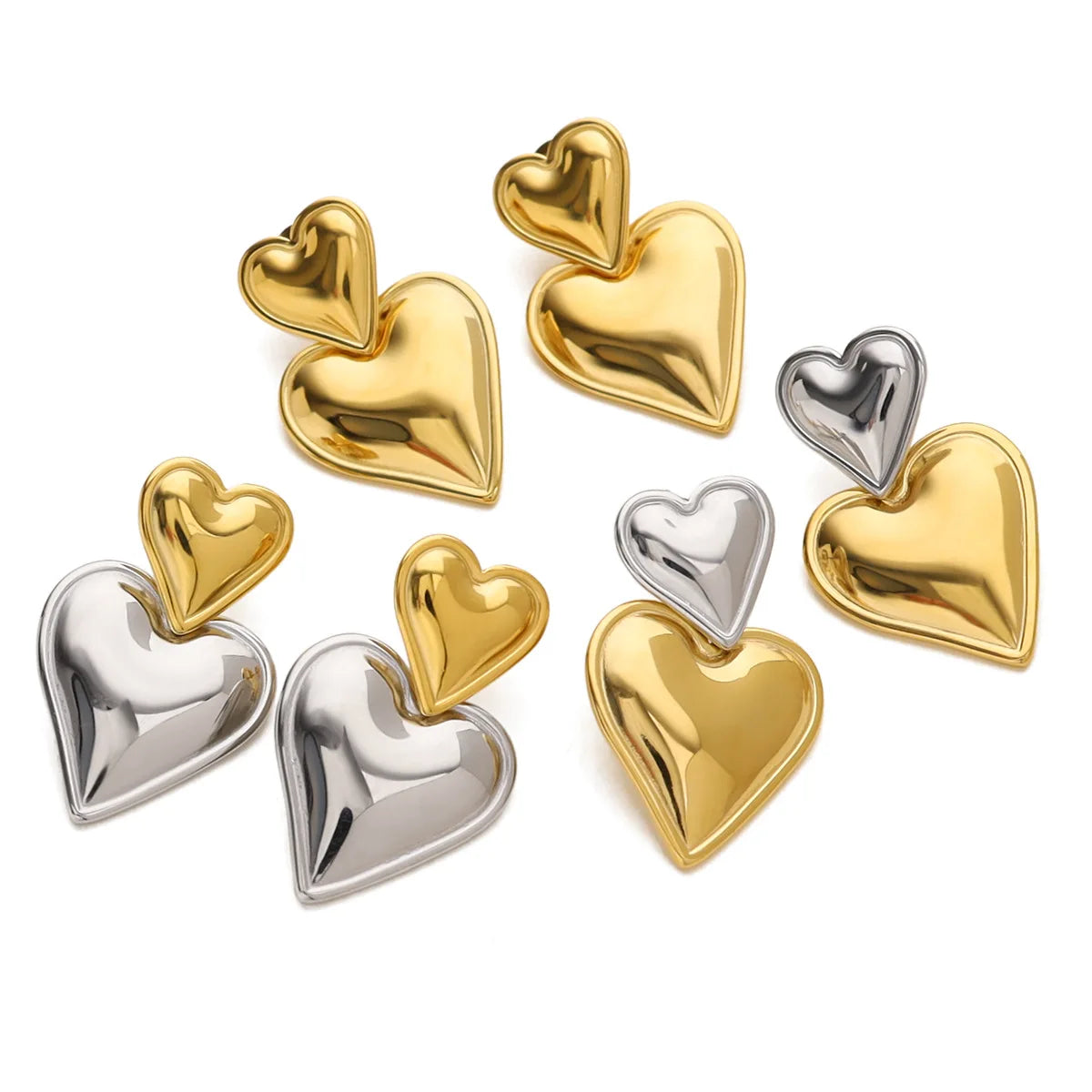 New Fashion Stainless Steel Jewelry Tarnish Free 18K Gold Plated  Double Heart Drop Earrings for Women