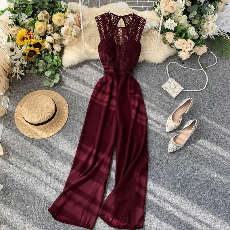 Sexy Lace Hollow Out O-neck Tank Jumpsuit Summer Women Slim Wide-legged Playsuit  Romper