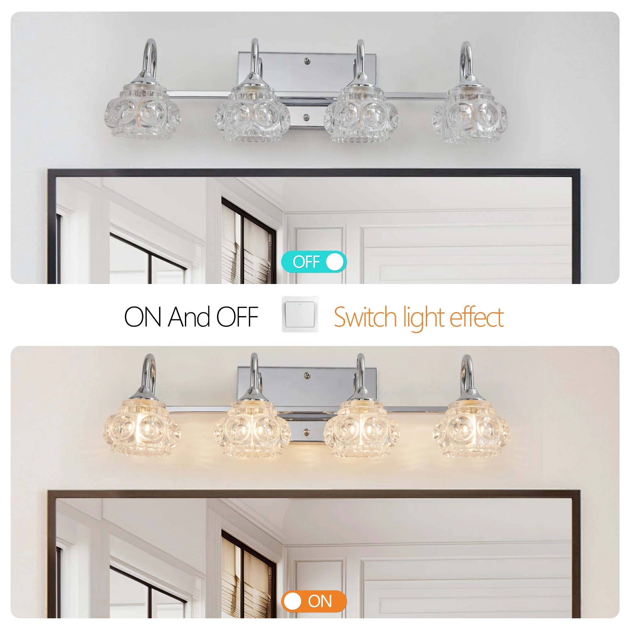 4-Light Polished Chrome Vanity Lights for Bathroom,Nickel Modern Vanity Lights with Crystal Glass Shade,  Modern Wall Lights