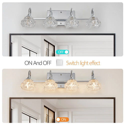 4-Light Polished Chrome Vanity Lights for Bathroom,Nickel Modern Vanity Lights with Crystal Glass Shade,  Modern Wall Lights