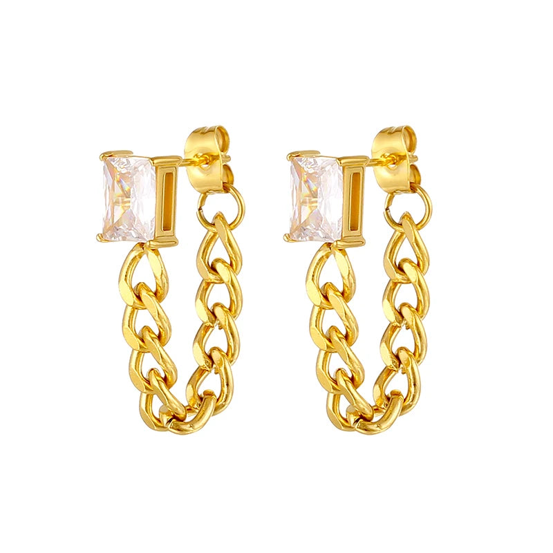 18K Gold Plated Fashion Jewelry Steel Link Chain Tassel Stud Earrings Green Zirconia Zircon Main Stainless Steel