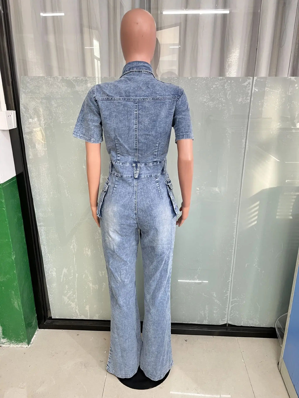 Denim Romper Tight Waist Slim Stretch Denim Romper Short Sleeve Top Flare Pants Jumpsuit