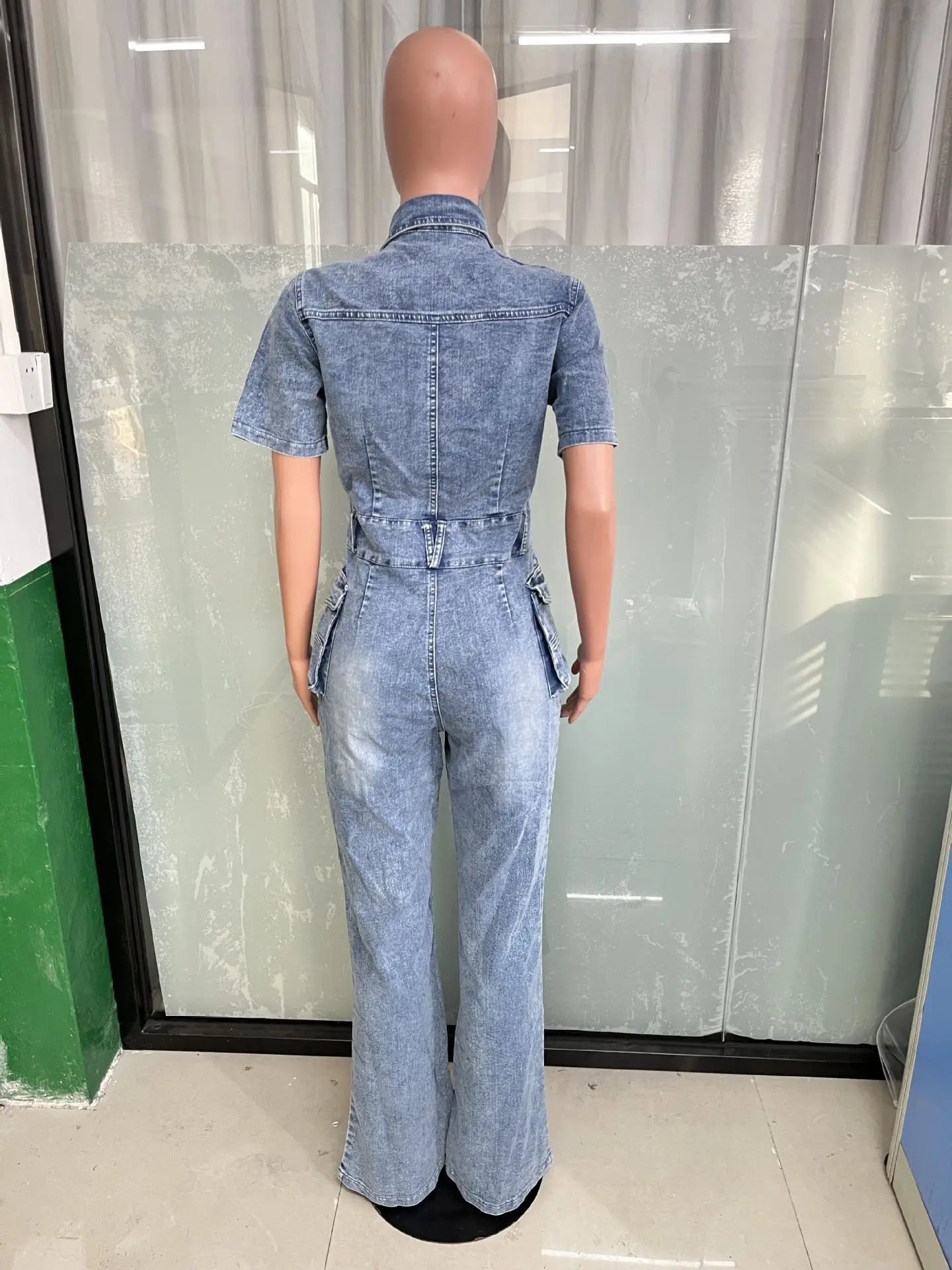Denim Romper Tight Waist Slim Stretch Denim Romper Short Sleeve Top Flare Pants Jumpsuit