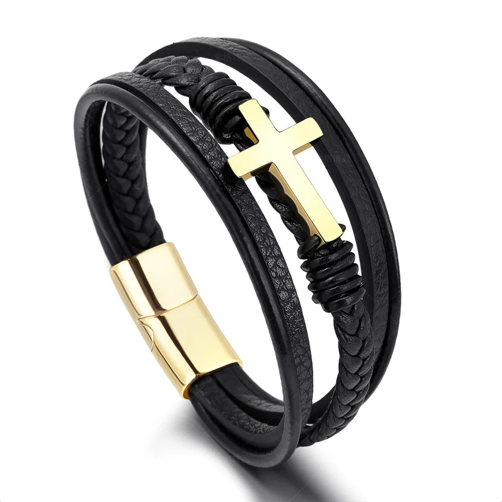 Stainless Steel Natural Tiger Eye Bracelet Beaded Men'S Hand-Woven Leather Bracelet
