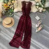 Sexy Lace Hollow Out O-neck Tank Jumpsuit Summer Women Slim Wide-legged Playsuit  Romper