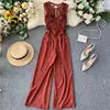 Sexy Lace Hollow Out O-neck Tank Jumpsuit Summer Women Slim Wide-legged Playsuit  Romper