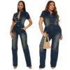 Women's Loose Fit Slim Stretch Washed Denim Straight Jumpsuit Halter Collar Casual Knitted Weaving Print
