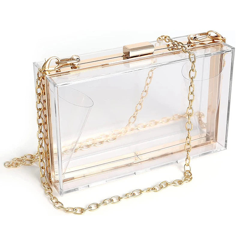 Ladies' Transparent Boxed Crossbody Bag, Stylish Detachable Gold Chain Strap Shoulder Bag, Acrylic Metal Dinner Clutch Purse