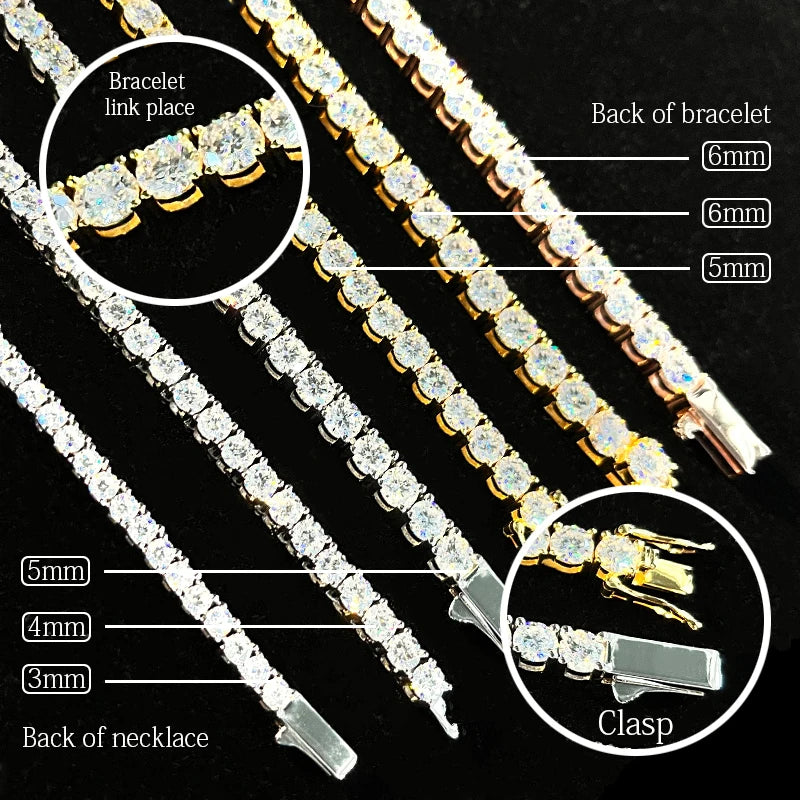 925 Silver VVS Moissanite Diamond Tennis Chain 3mm-6mm Size Necklace Hip Hop Iced Fashion Jewelry