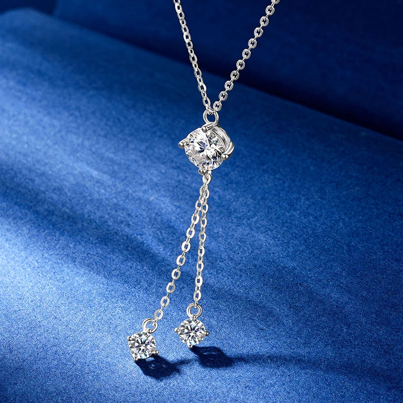 925 Sterling Silver 1.0ct Round Moissanite 1ct 6.5mm Moissanite Y Shaped Pendant Necklace