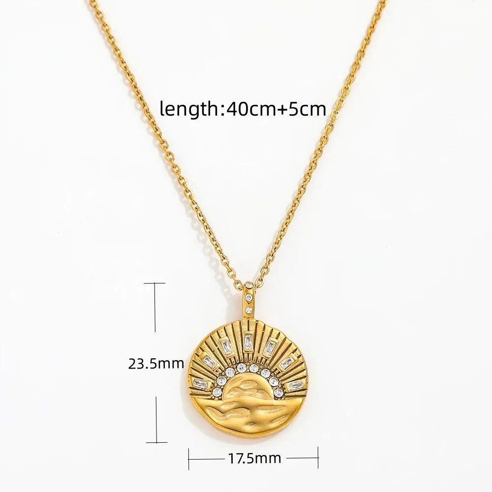 18k Gold Plated Waterproof Tarnish Free Moon Star Sun  Zirconia Coin Pendant Stainless Steel Necklace Fashion Jewelry