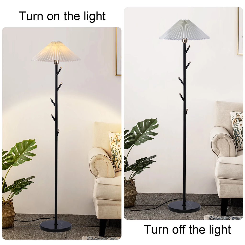 Modern Floor Lamp with Pleated Fabric Shade, Retro Black Gold Coat Rack Standing Light with 9W Bulb & Foot Switch for Bedroom