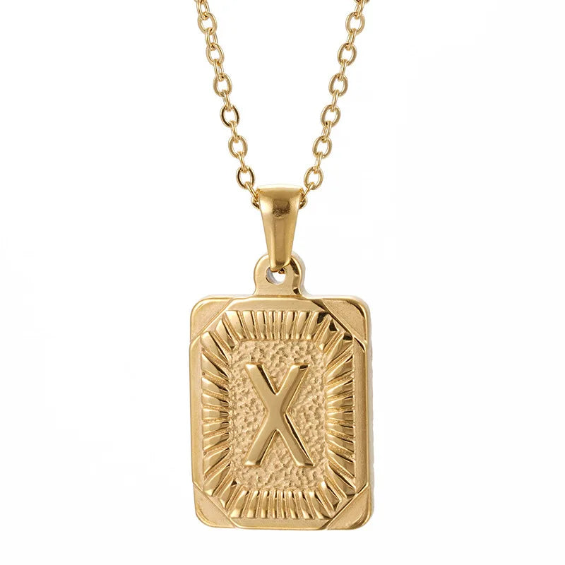 18k Gold Men'S Necklace Square Stainless Steel Letter Pendant English Letter Necklace Pendant For Men