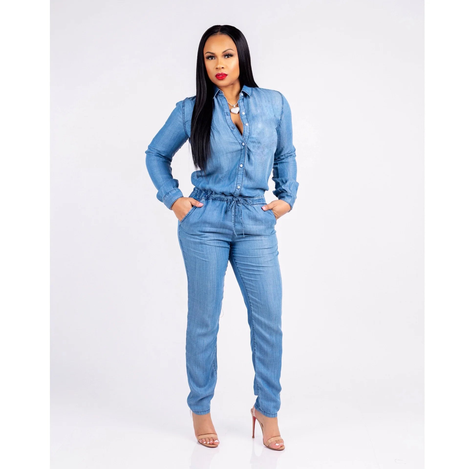 Women's High-Waist Sexy One-Piece Pants Long Sleeve Button Lapel Stretch Casual Jeans Jumpsuit