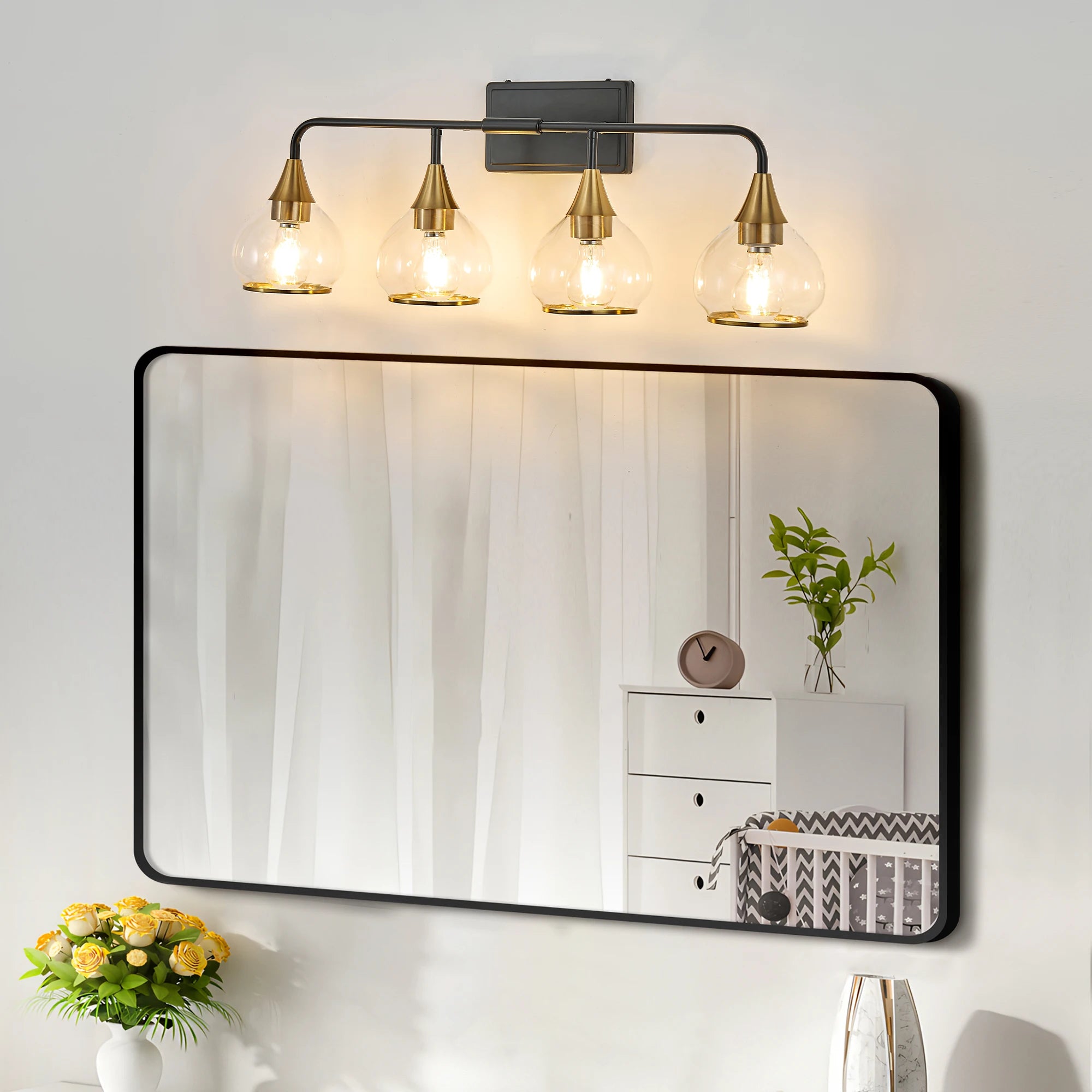 4-Lights Bathroom Light Fixtures Over Mirror with Clear Glass Shade  Wall  Black and Gold (Exclude E26 Bulb)