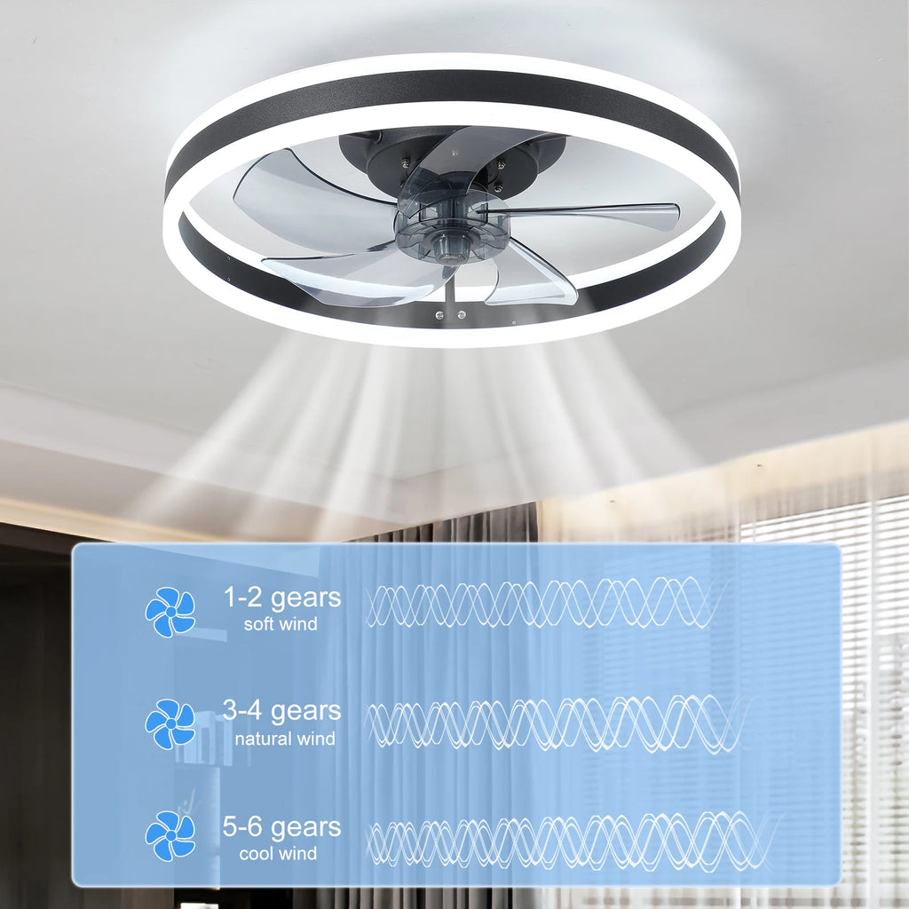 Black 20" Modern Fan Lights Flush Mount LED Ceiling Light Kit With Remote APP Control