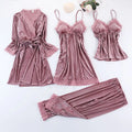 3pcs Gold Velvet  Pajamas Set for Women Warm Sexy Lace Pajamas Winter Sleepwear Nightdress