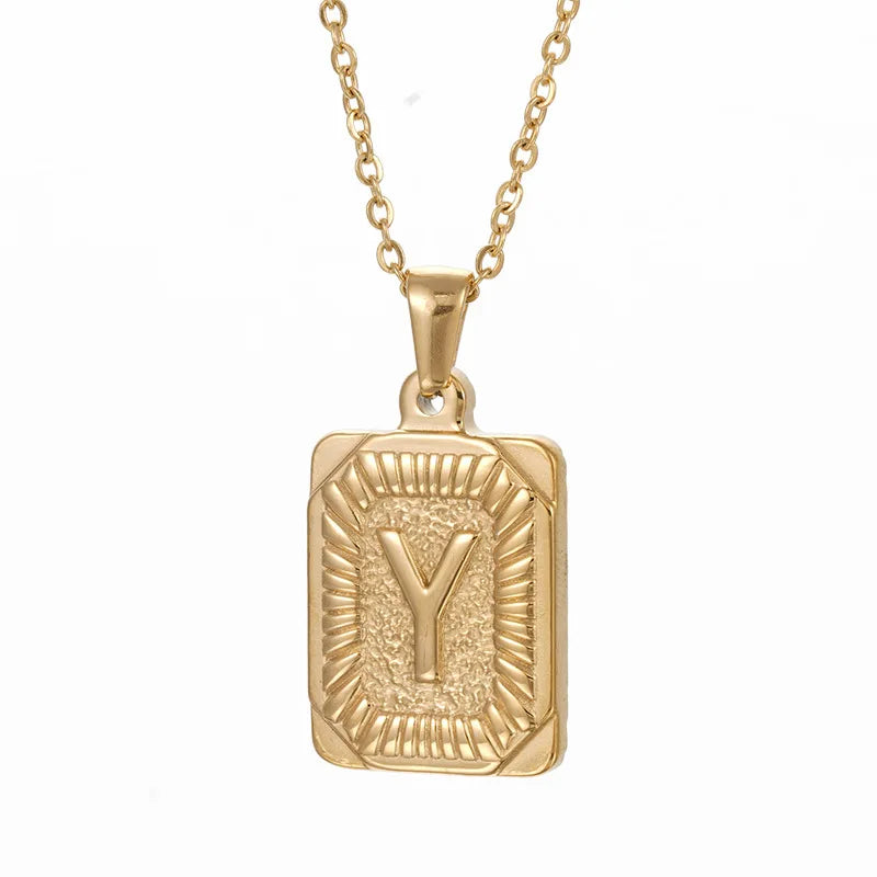 18k Gold Men'S Necklace Square Stainless Steel Letter Pendant English Letter Necklace Pendant For Men