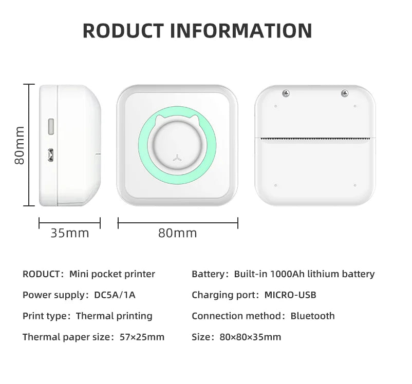 C15 Portable Pocket Mini Thermal Printer Wireless BT 2 With USB Cable