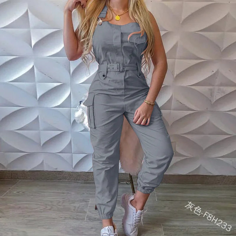 Women's Loose Jumpsuit with Halter Collar Casual Workout Playsuits with Solid Pockets Cargo Pants and Long Rompers