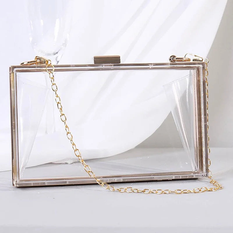 Ladies' Transparent Boxed Crossbody Bag, Stylish Detachable Gold Chain Strap Shoulder Bag, Acrylic Metal Dinner Clutch Purse