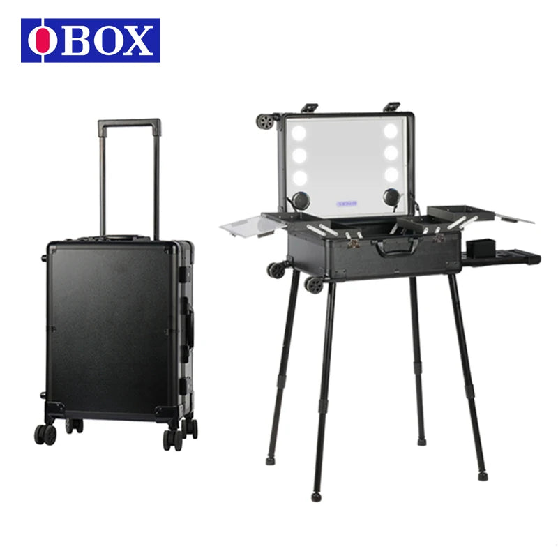 OBOX Professional Make-up case Professional Make-up Organizer Aluminum Alloy case With Lights and Mirror