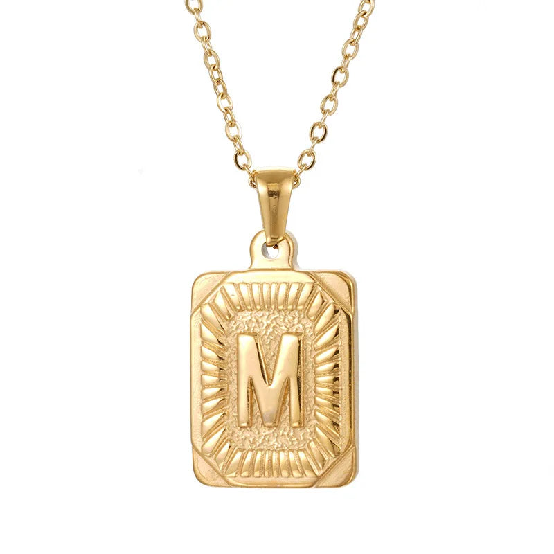 18k Gold Men'S Necklace Square Stainless Steel Letter Pendant English Letter Necklace Pendant For Men