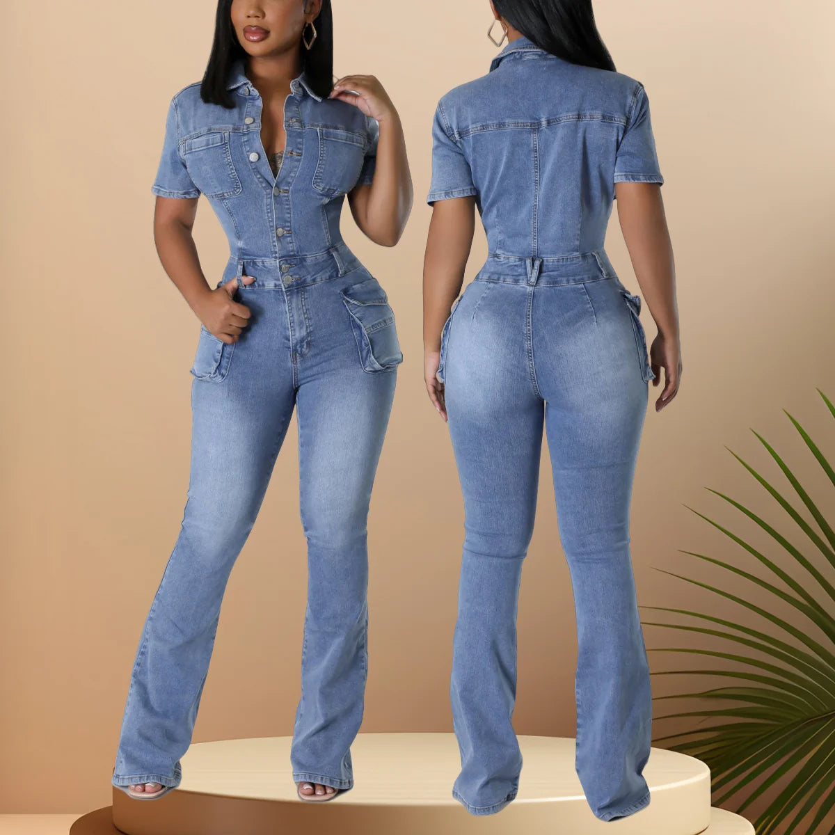 Denim Romper Tight Waist Slim Stretch Denim Romper Short Sleeve Top Flare Pants Jumpsuit