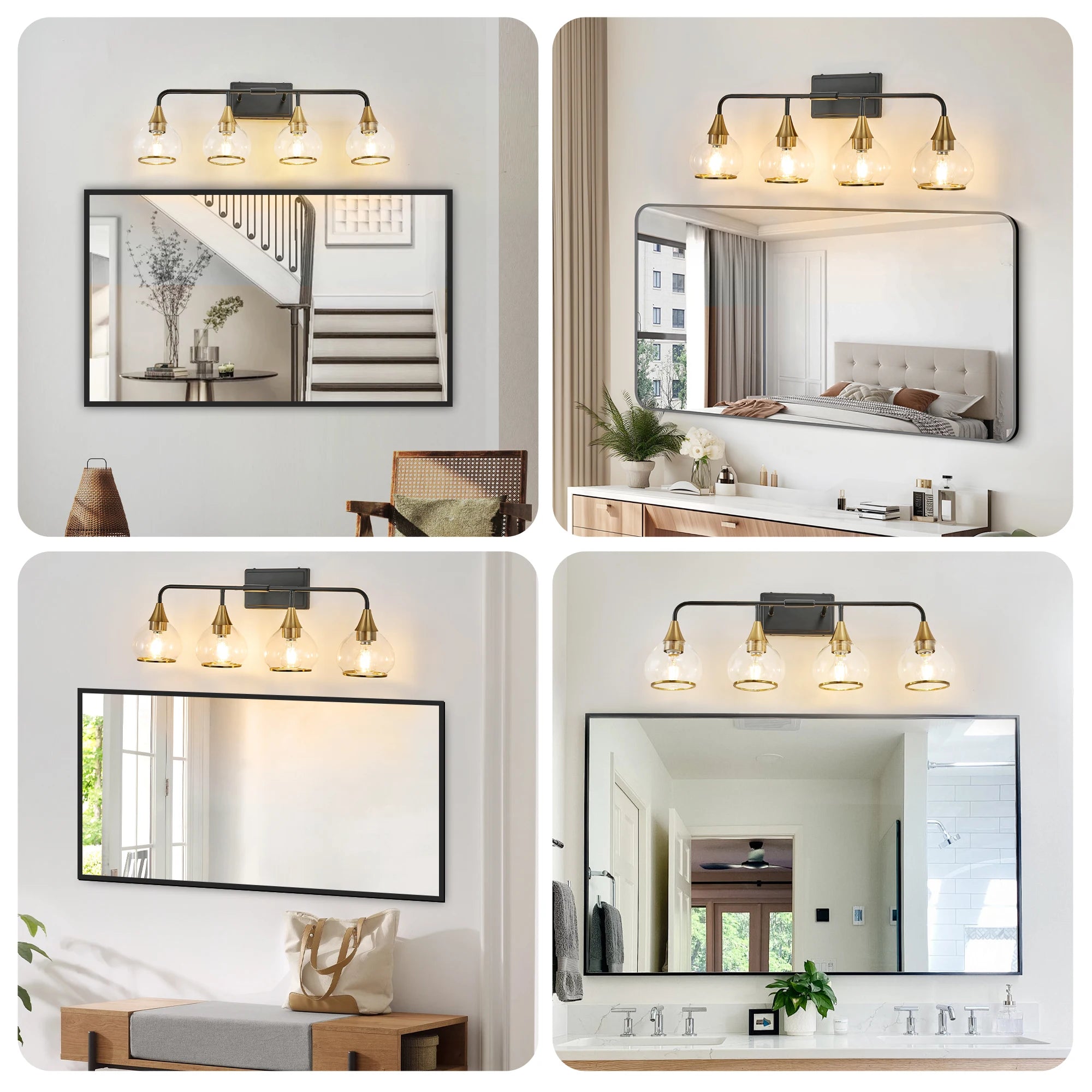 4-Lights Bathroom Light Fixtures Over Mirror with Clear Glass Shade  Wall  Black and Gold (Exclude E26 Bulb)