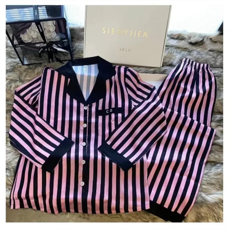 Silk Pajamas Women's Striped High-grade Long-sleeved