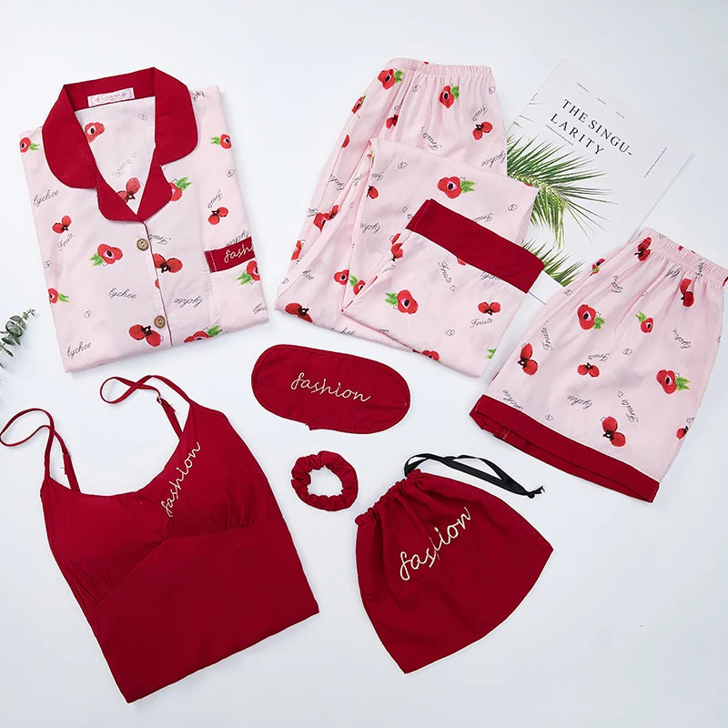 Women Girls Sleepwear Cotton 7pcs Set Nightwear Cherry Printing Pj Set Nighty