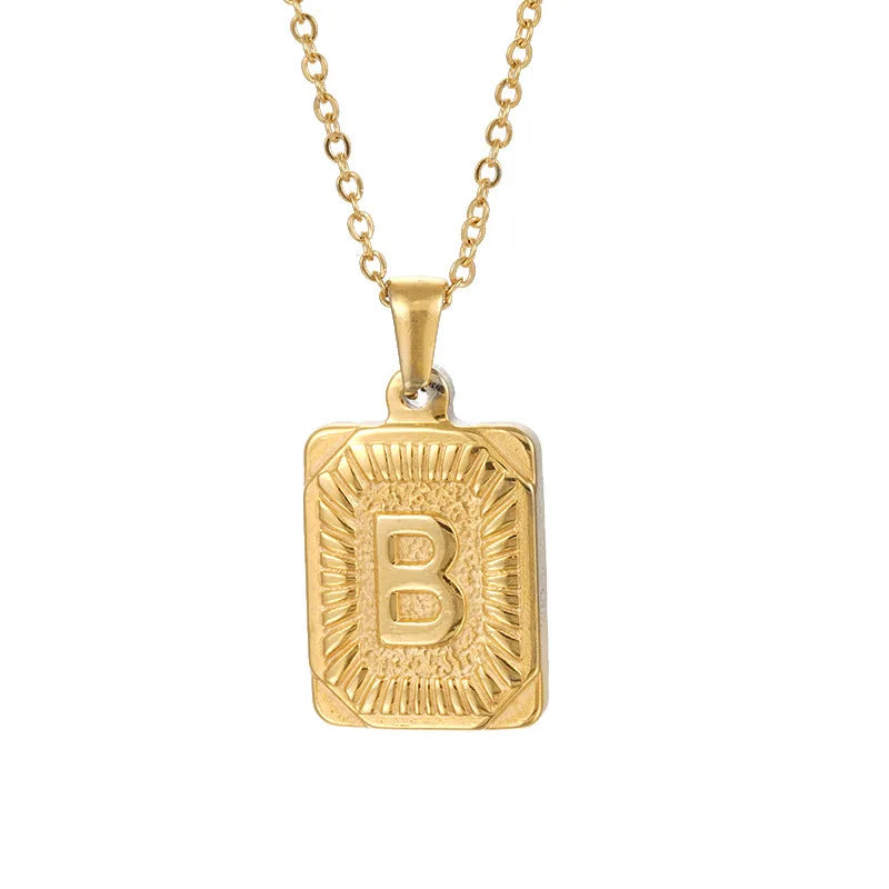 18k Gold Men'S Necklace Square Stainless Steel Letter Pendant English Letter Necklace Pendant For Men