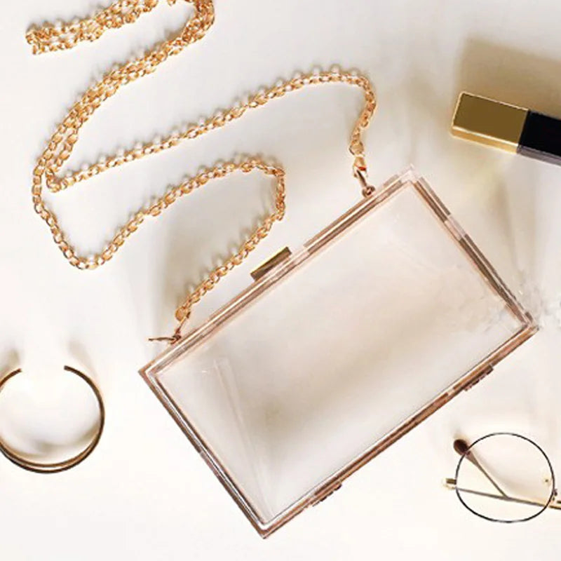 Ladies' Transparent Boxed Crossbody Bag, Stylish Detachable Gold Chain Strap Shoulder Bag, Acrylic Metal Dinner Clutch Purse