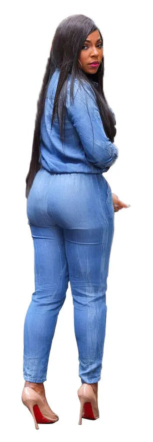 Casual Women's Long Style Denim Jumpsuit with High Waist and Knitted Weaving Pants and Long Sleeves
