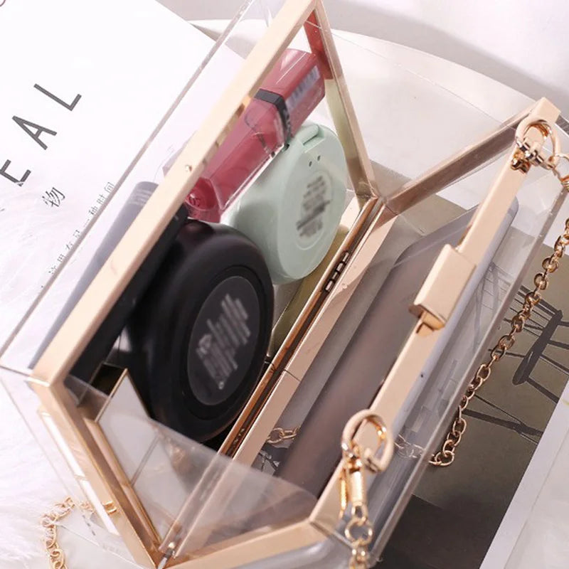 Ladies' Transparent Boxed Crossbody Bag, Stylish Detachable Gold Chain Strap Shoulder Bag, Acrylic Metal Dinner Clutch Purse