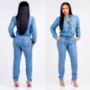 Women's High-Waist Sexy One-Piece Pants Long Sleeve Button Lapel Stretch Casual Jeans Jumpsuit