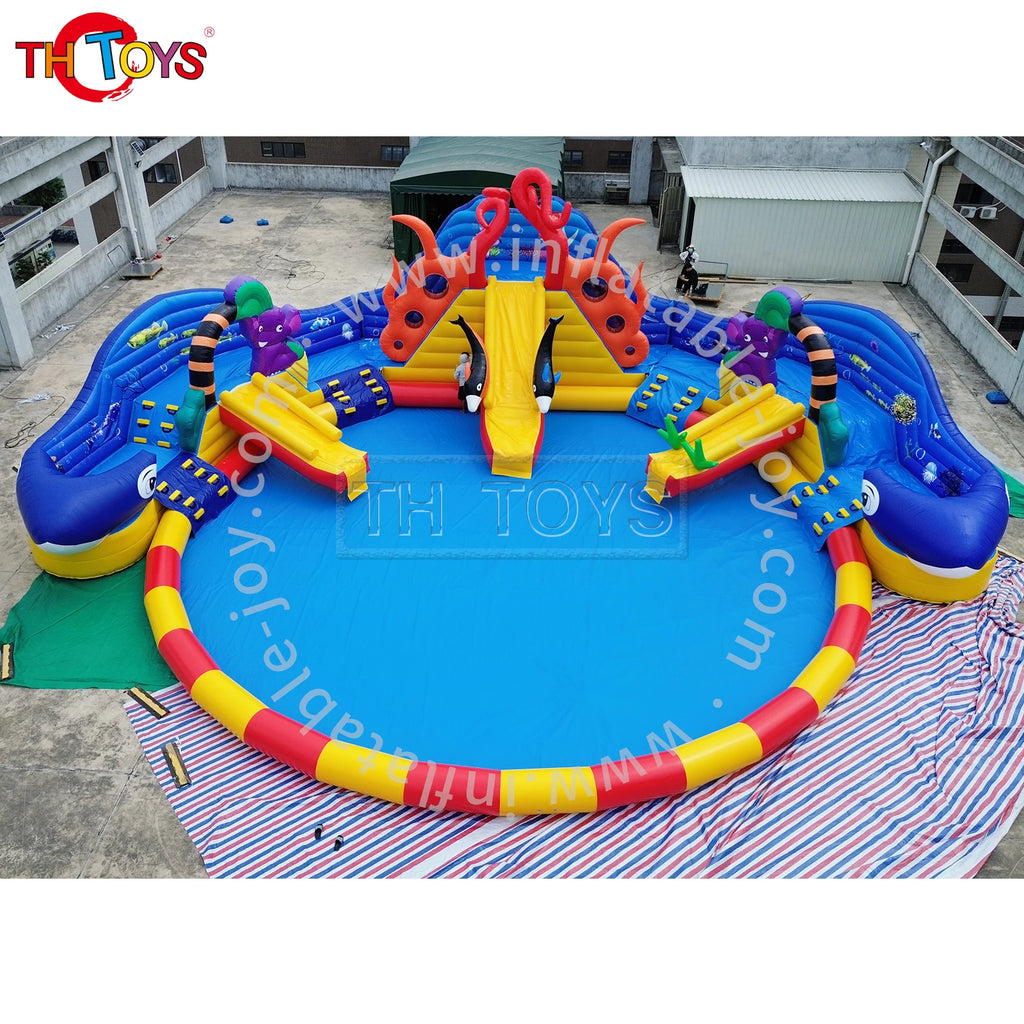Ocean Theme Inflatable Amusement Park with Whales and Dolphins Slide 15mDia Pool Good for Summer Season